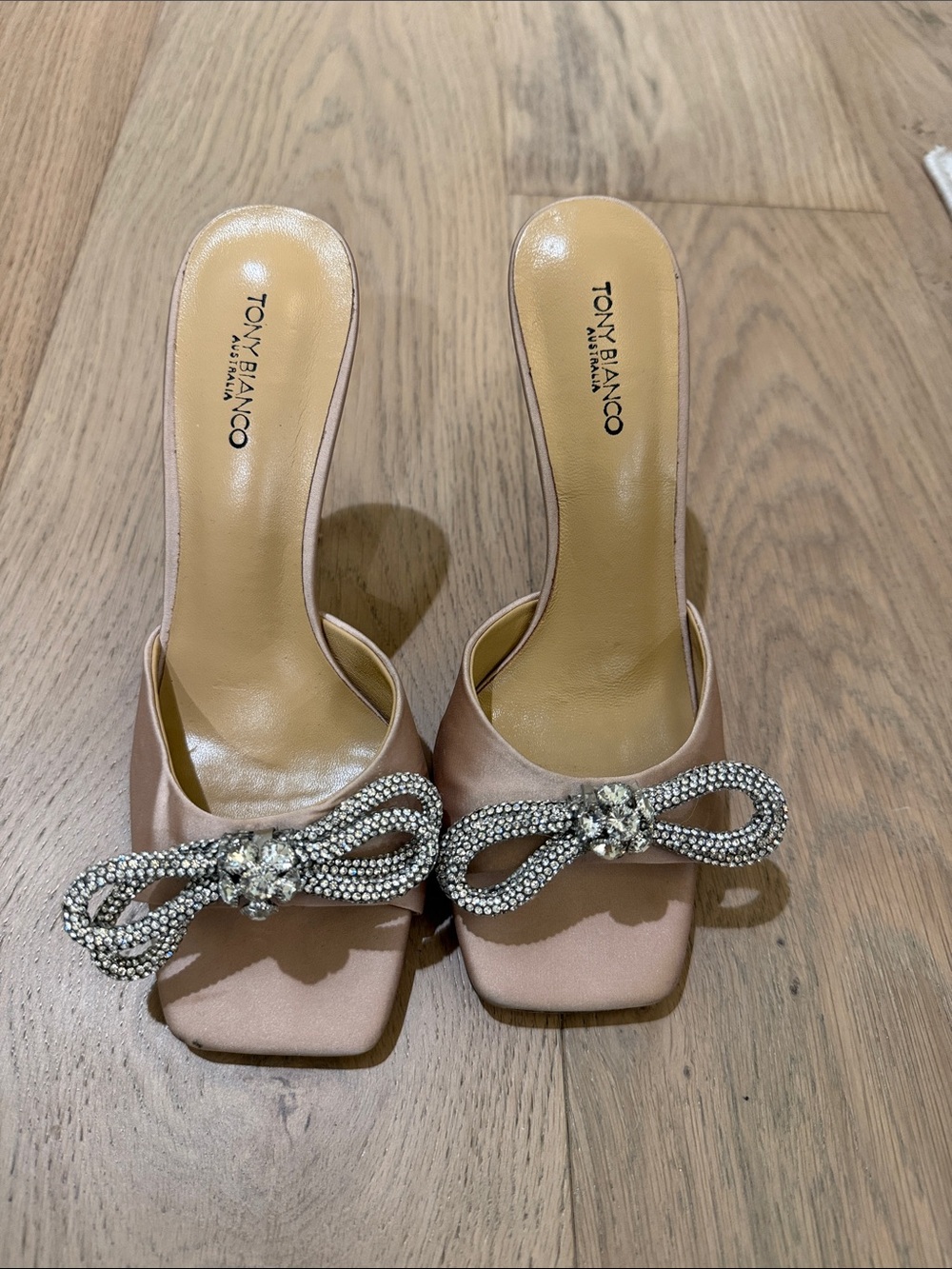 Tony Bianco Blush Satin Slide Mules with Crystal Bow